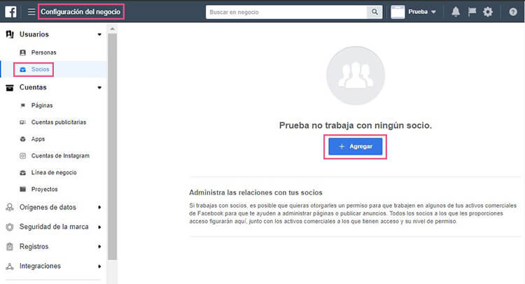 Añadir socios al Business Manager